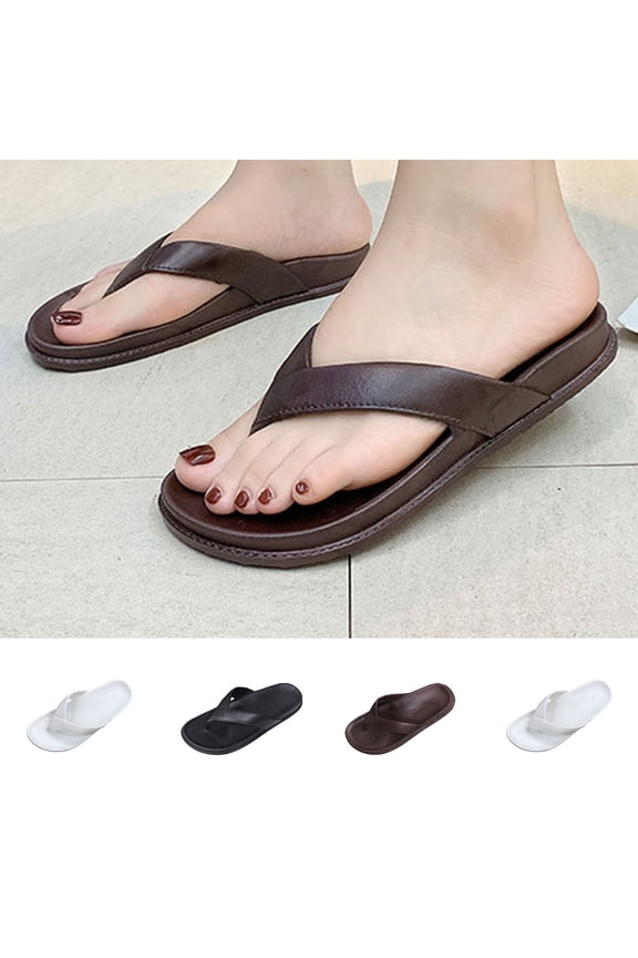 Women's Leather Thong Flip Flops Wide Width Friendly Non Slip Flat Slippers Lightweight Open Toe Soft Cushioned Sole Casual Summer Beach Outdoor Walking Slides