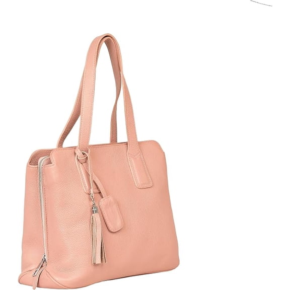 Women's Leather Tote Bag, Peach, Dual Compartment with Zipper, Tassel Detail, Shoulder Handbag