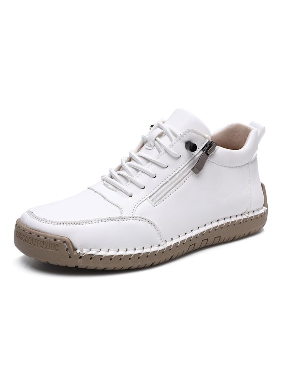 Women's Leather Trainers with Side Zip Flats Handmade Orthopedic Comfy Shoes Outdoor Casual Lightweight Non Slip Walking Shoe(White, 36)