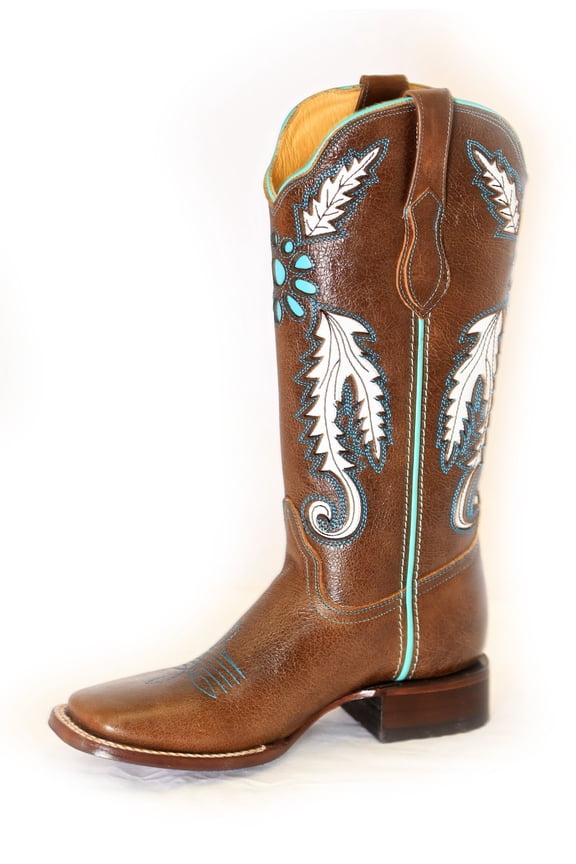 Women's Leather Turquoise Concho Square Toe Mid-Calf Boots