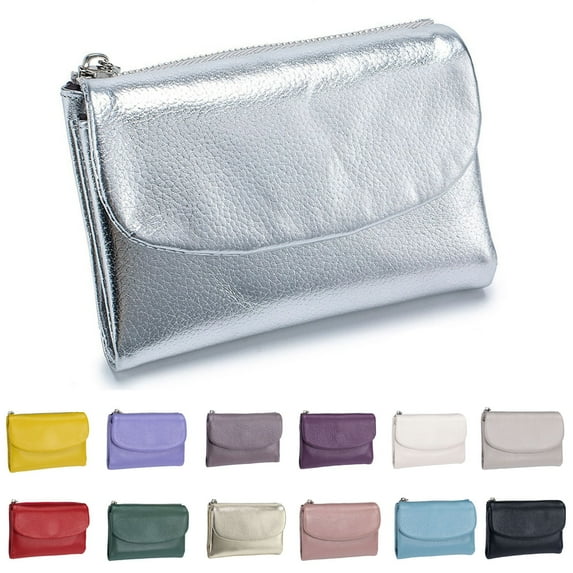Women's Leather Wallet Purse RFID Blocking Cowhide Compact Wallet with Card Slots & Cash Organizer Small Soft Handbag for Everyday Use (Silver)