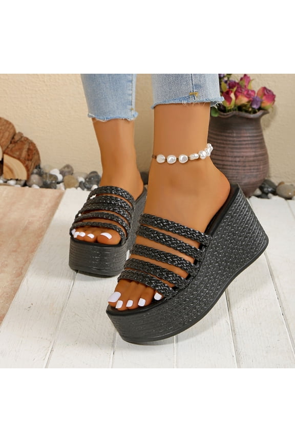 Women's Leather Weave Wedge Sandals Fashion Strappy Comfortable Open Round Toe Slip Platform Slides Summer Outdoor Dress Slippers