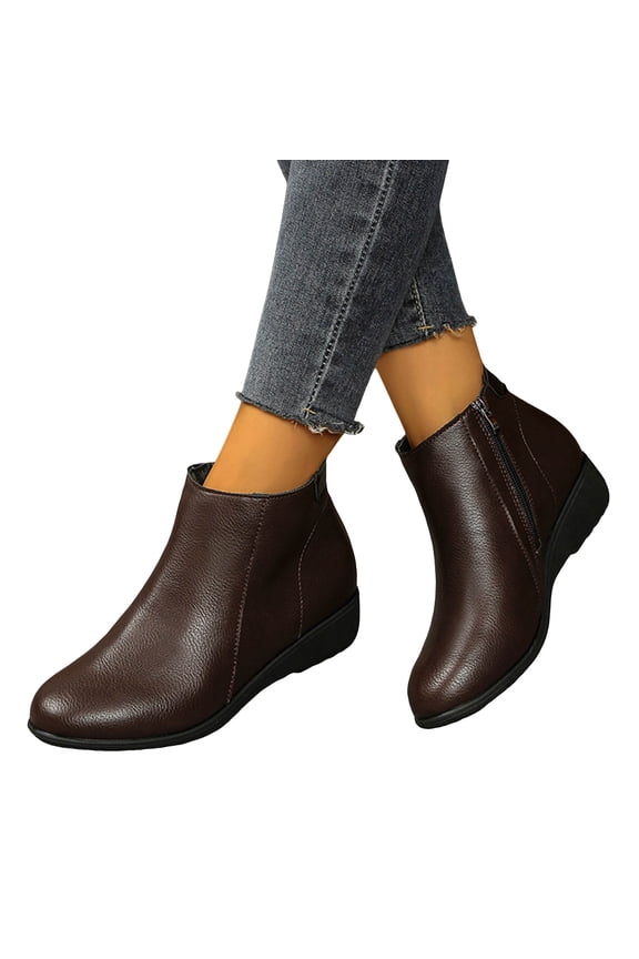 Women's Leather Wedge Ankle Boots Casual Flat Slip On Short Winter Boots Comfortable Non Slip Walking Boots Brown Size 7