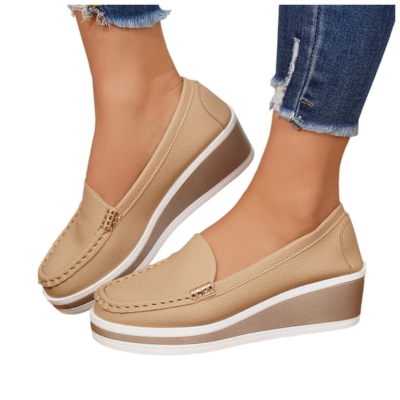 Women's Leather Wedge Loafers Wide Width Solid Color Comfortable Platform Slip on Business Walking Shoes Brown Size 10.5