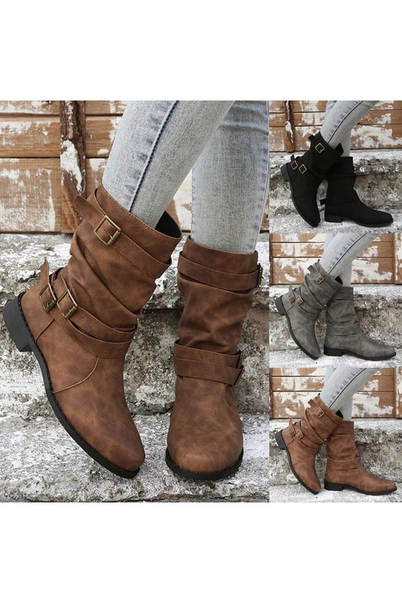 Women's Leather Wide Width Ankle Boots with Buckle Classic Round Toe Comfortable Low Chunky Heels Pullon Mid Calf Fashion Western Short Shoes Black Size 7