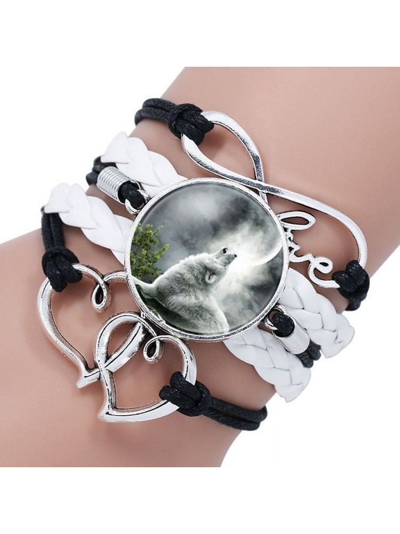 Women's Leather Wolf Bracelet with Crystal Gemstones and European Charms Multi-Layered Adjustable Fashion Jewelry for