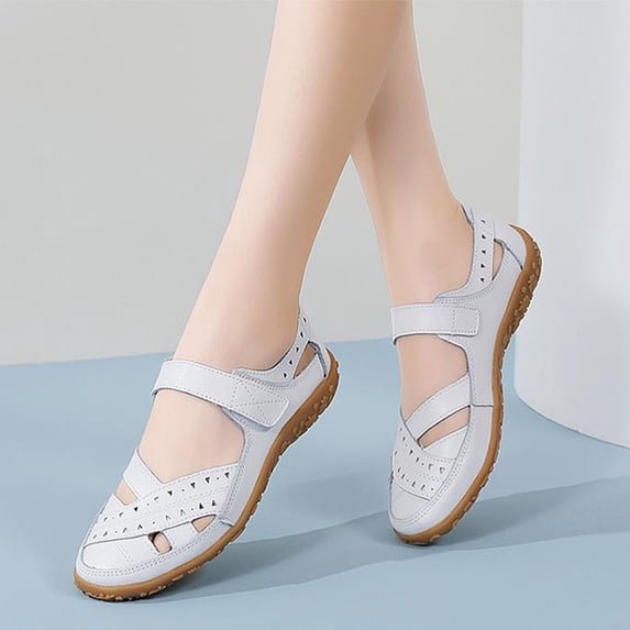 Women's Leather Woven Closed Toe Sandals,Comfy Orthopedic Soft Sole Ankle Strap Cutout Casual Beach Mary Jane Shoes, 39