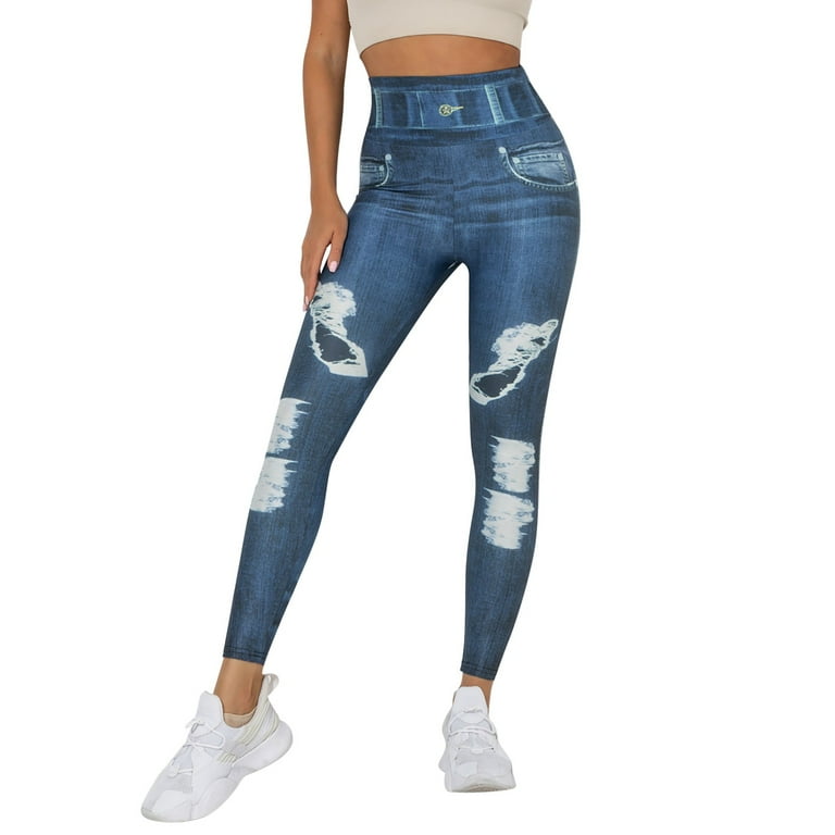 Women's Leggings Denim Print Jeans Look Like Stretchy High Waist Slim  Skinny Jeggings Yoga Pants Blue XL