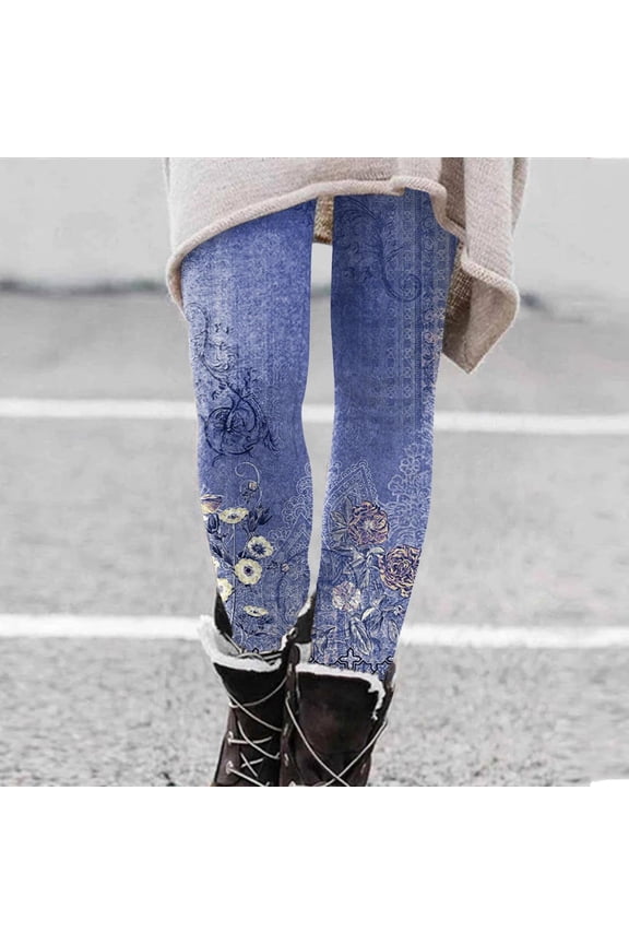 Women's Leggings Fashion Women'S Slim Retro Printed Bottom Pants Fall And Winter Inside Comfortable Casual Pants Women'S Bottom Pants,Blue Women's Legging S