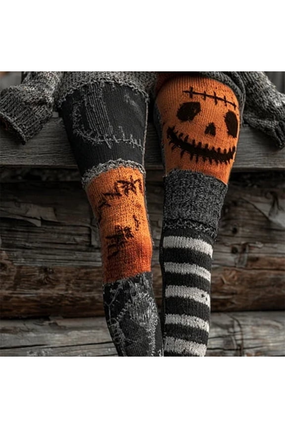 Women's Leggings Halloween Pumpkin Face Print Stitched Face Contrast Patchwork Cozy Knit Elastic Skinny Pants