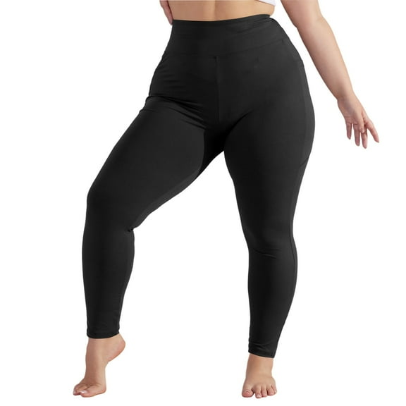 Women's Leggings Plus Size Mid Rise Butt Lifting Skinny Compression Yoga Pants 7/8 Length Tummy Control Swim Leggings with Pockets Black 2XL