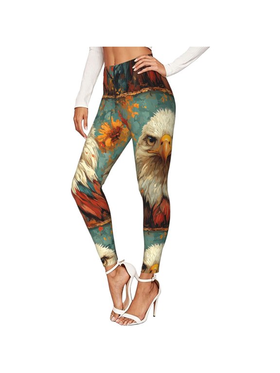 Women's Leggings Soft 4-Way Stretch Active Workout Pants, Bald Eagle Retro Art Print