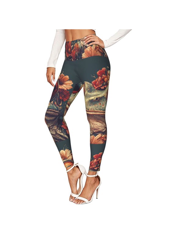 Women's Leggings Soft 4-Way Stretch Active Workout Pants, Frog Hippie Skull Funny Print
