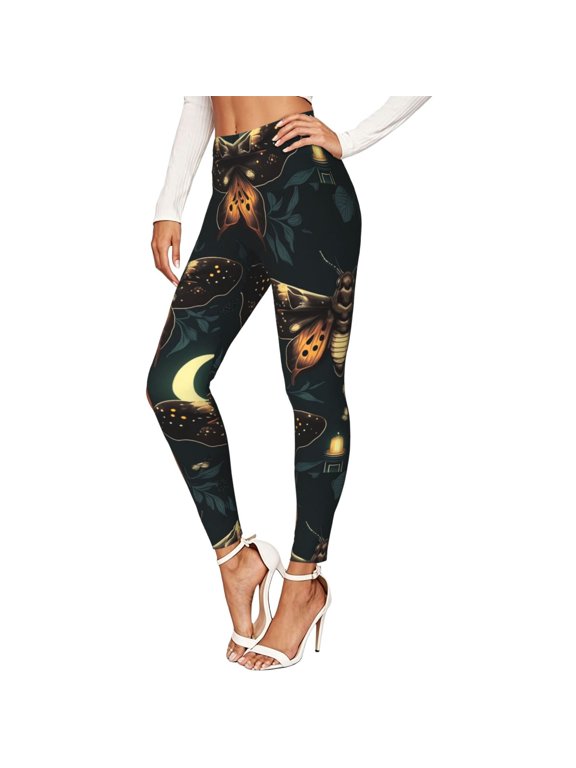 Women's Leggings Soft 4-Way Stretch Active Workout Pants, Hawk Moth Fireflies Death Head Moon Print