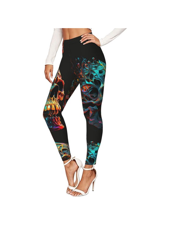Women's Leggings Soft 4-Way Stretch Active Workout Pants, Skull Head Psychedelic Cool Print