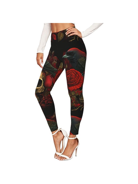 Women's Leggings Soft 4-Way Stretch Active Workout Pants, Skull Head Red Roses Raven Print
