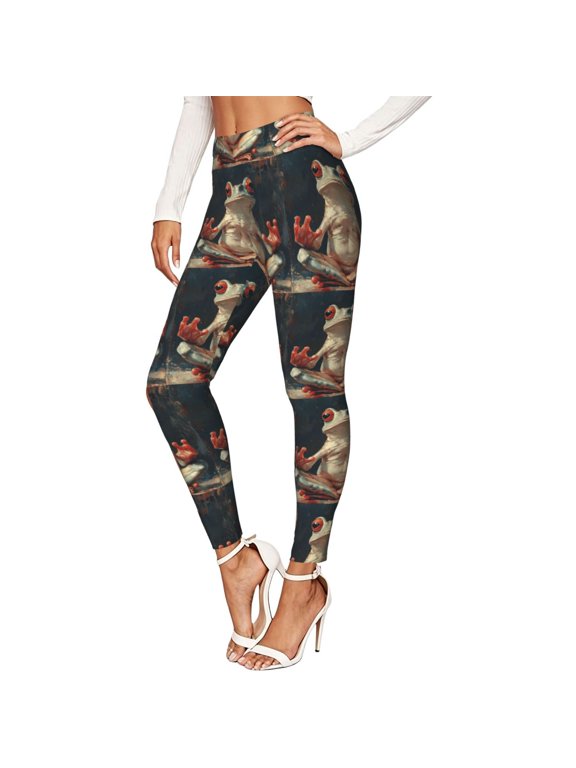 Women's Leggings Soft 4-Way Stretch Active Workout Pants, Yoga Frog Retro Art Print