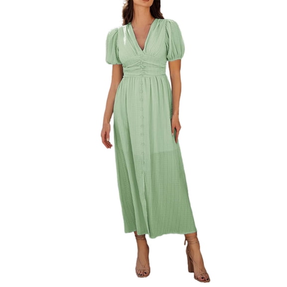 Women's Leisure Commute Holiday Style V Neck High Waist Short Sleeve Split Dress Elegant Design, High Quality Lightweight Fabric