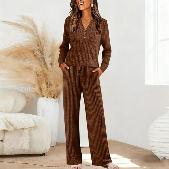 Women's Leisure Fashion V-Neck Solid Color Long Sleeve Button Top Pocket Pants Set