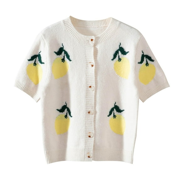 Women's Lemon Embroidered Cardigan Cropped Short Sleeve Button Knit Cover-Up for Summer White S