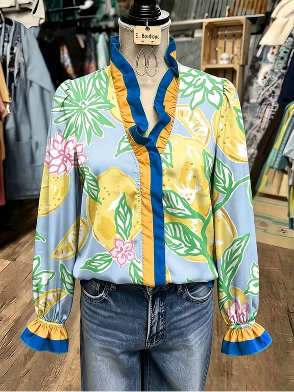 Women's Lemon Floral Print Blouse, Ruffled Split Neck Long Sleeve Casual Top