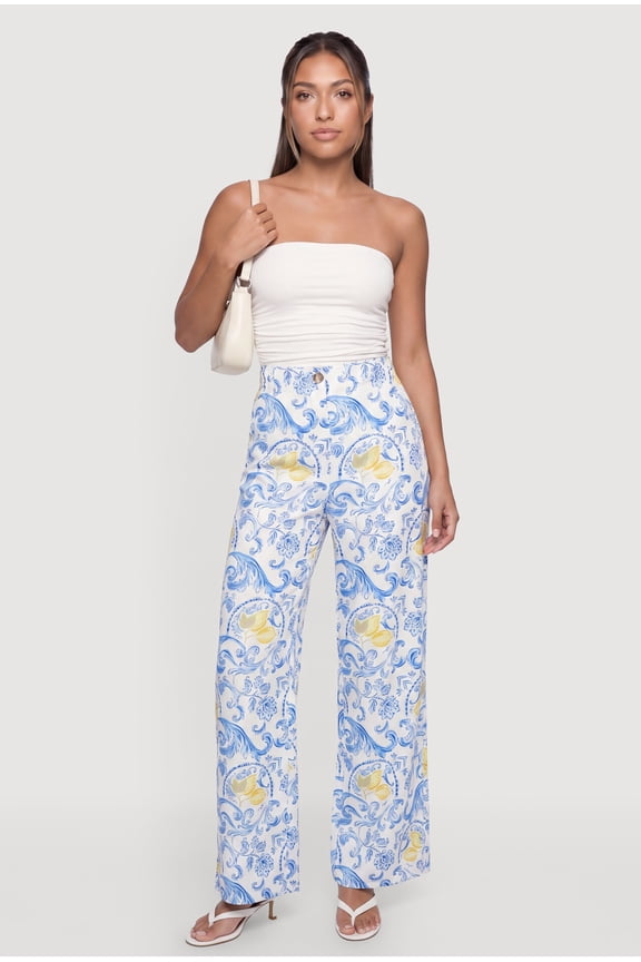 Women's Lemon Print High Waisted Wide Leg Pants