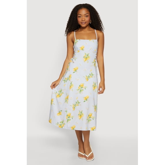 Women's Lemon Print Lace Up Sides Midi Dress