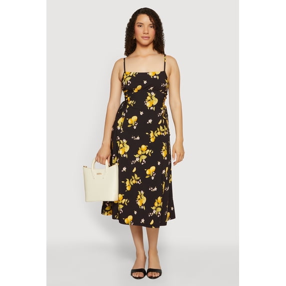 Women's Lemon Print Lace Up Sides Midi Dress