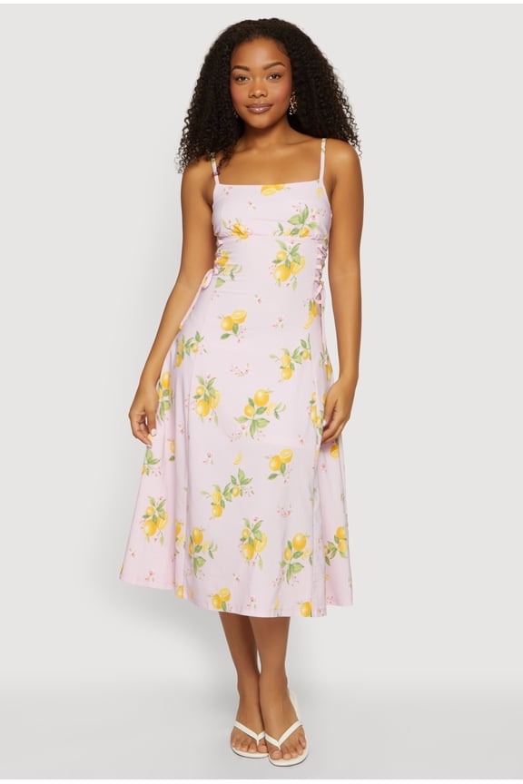 Women's Lemon Print Lace Up Sides Midi Dress