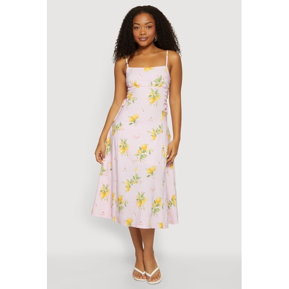 Women's Lemon Print Lace Up Sides Midi Dress