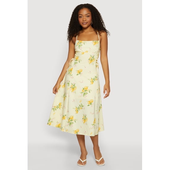 Women's Lemon Print Lace Up Sides Midi Dress