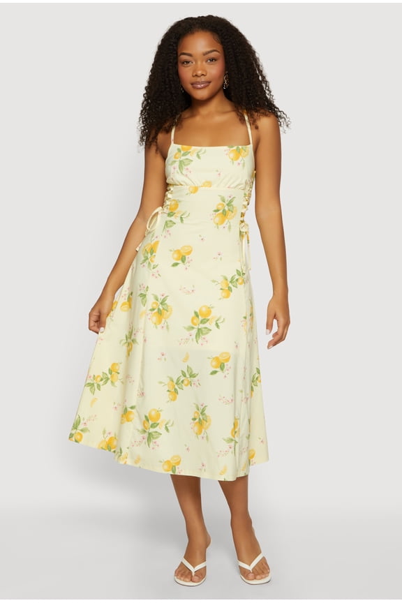 Women's Lemon Print Lace Up Sides Midi Dress