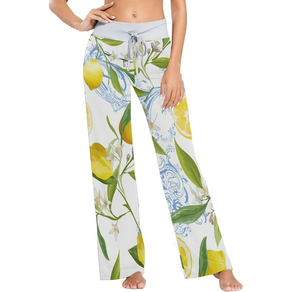 Women's Lemon Yellow Lemon Pajama Pants, Casual Pajama Bottoms Drawstring Lounge Pants Wide Leg