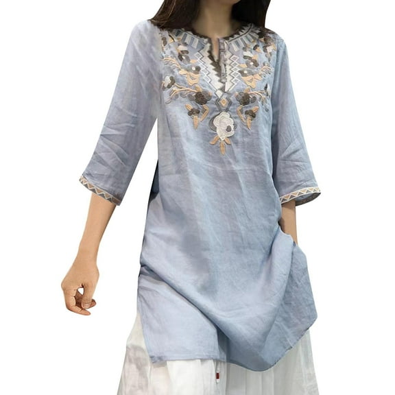 Women's Length Cotton Linen Floral Embroidered Tunic Tops 3/4 Sleeve V Neck Shirts Casual Loose Fit Side Split Blouse Tops