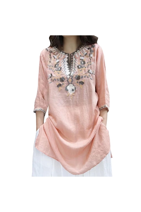 Women's Length Cotton Linen Floral Embroidered Tunic Tops 3/4 Sleeve V Neck Shirts Casual Loose Fit Side Split Blouse Tops