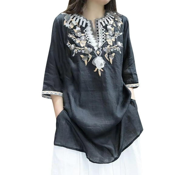 Women's Length Cotton Linen Floral Embroidered Tunic Tops 3/4 Sleeve V Neck Shirts Casual Loose Fit Side Split Blouse Tops