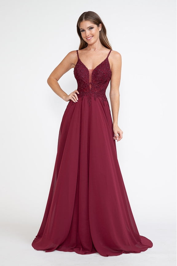 Women's Lenovia Embroidered A-Line Gown with Sheer V-Neck and Beaded Bodice Sleeveless Formal Prom 2026 Dress 8185 Burgundy 3XL