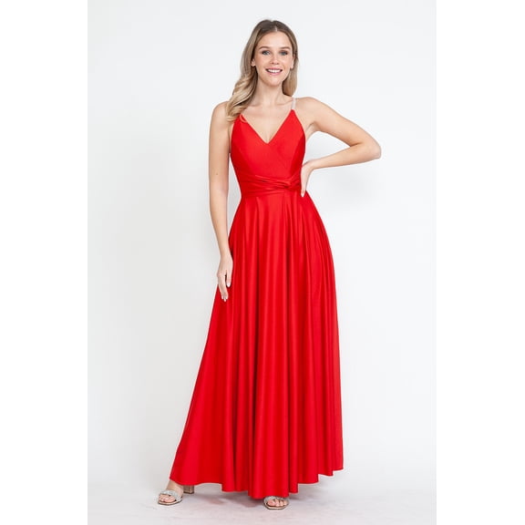 Women's Lenovia evening elegant Dress V-Neck Thigh Slit A-Line Formal Gown 5275 Christmas - New Year Holiday Red XS