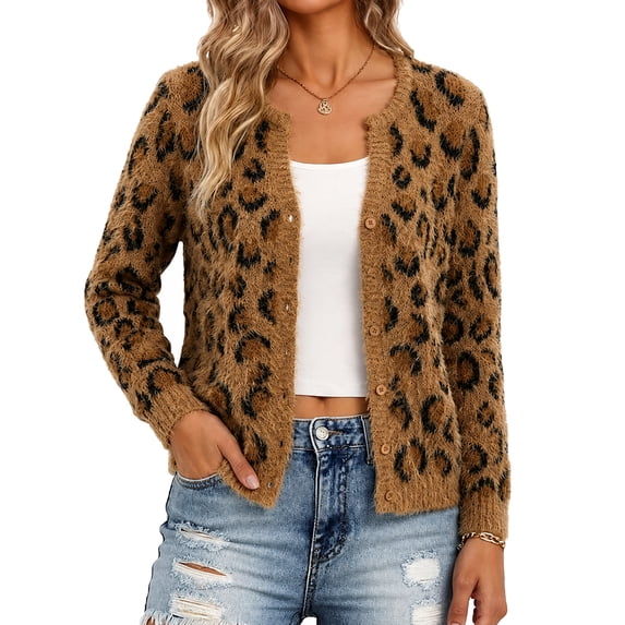 Women's Leopard Cardigan Cropped Button Front Long Sleeve Knit