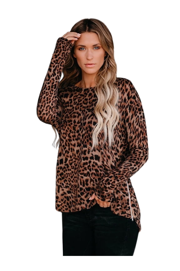 Women's Leopard Casual Long Sleeve Sweatshirts Fall Crewneck Pullover Tunic Top Shirts