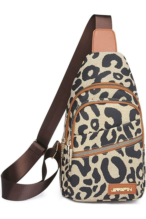 Women's Leopard Print Leather Sling Crossbody Bag, Black