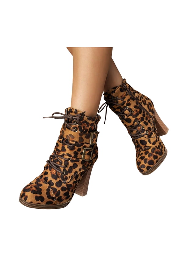 Women's Leopard Dress Combat Boots Trendy Suede Pointed Toe Chunky High Heels Short Boots Winter Fall Shoes Brown