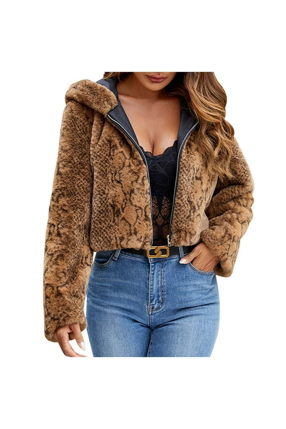 Women's Leopard Faux Fur Cropped Coat Hooded Long Sleeve Fuzzy Jacket Winter Warm Fleece Short Coat Shaggy Outerwear
