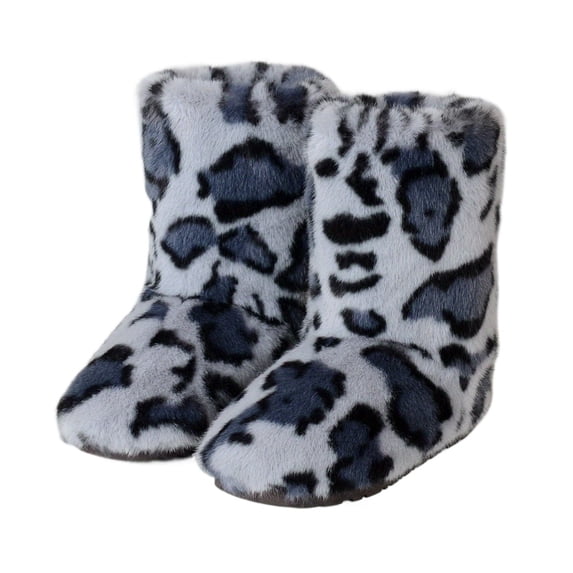 Women's Leopard Faux Fur Mid Calf Boots - Warm Plush Winter Boots Non-Slip Casual Snow Boots