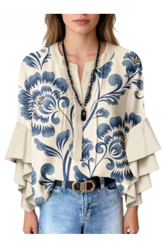 Leopard & Floral Print Ruffle Sleeve V-Neck, Blouse & Button-Up Shirt (Women's)