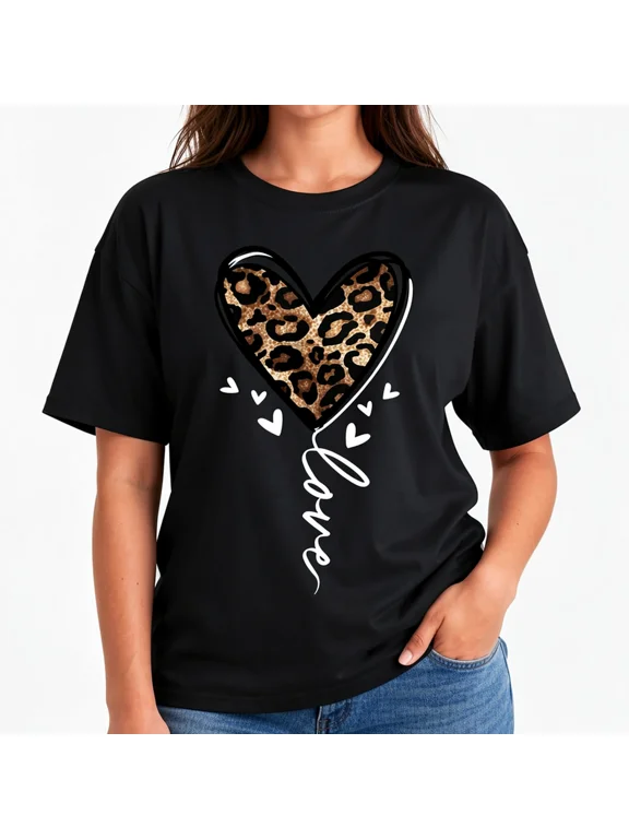 Women's Leopard Heart Balloon Graphic T-Shirt, Animal Print Cotton Crew Neck Casual Tee