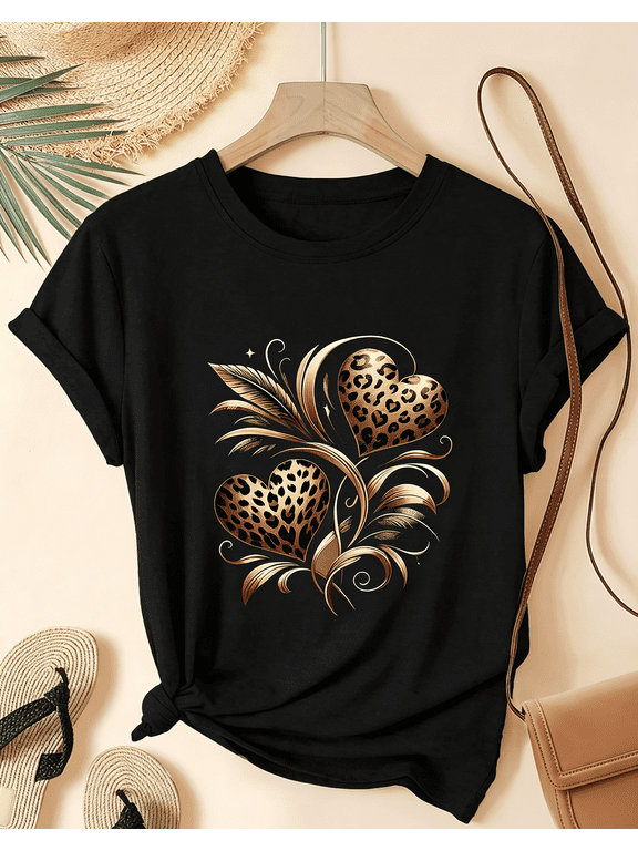 Women’s Leopard Heart Graphic Short‑Sleeve T‑Shirt, Round Neck Casual Spring Summer Daily Wear Top,Women Clothing