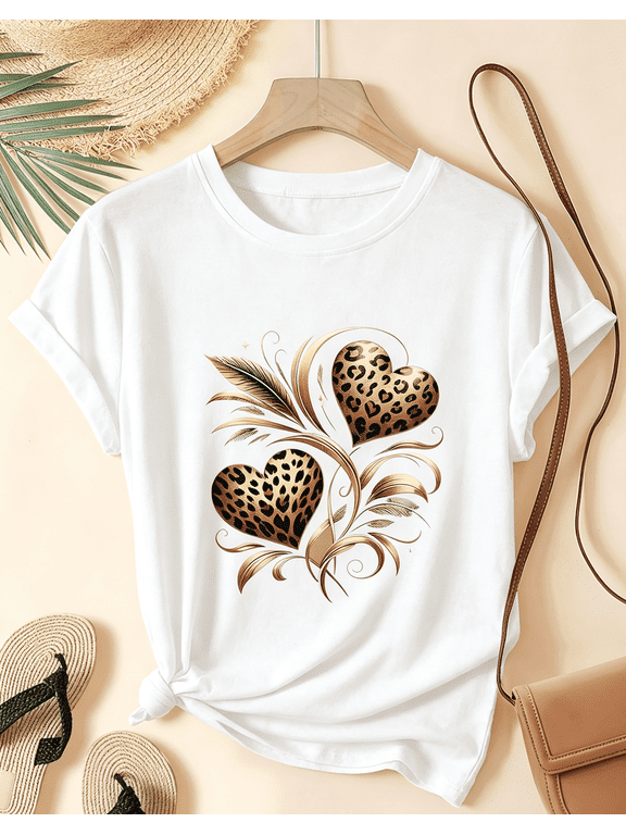 Women’s Leopard Heart Graphic Short‑Sleeve T‑Shirt, Round Neck Casual Spring Summer Daily Wear Top,Women Clothing