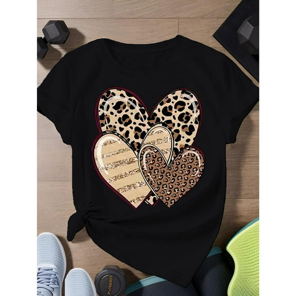 Women's Leopard Heart Graphic Tee Top Fashion Round Neck Short Sleeve Cotton Breathable Black S-5XL