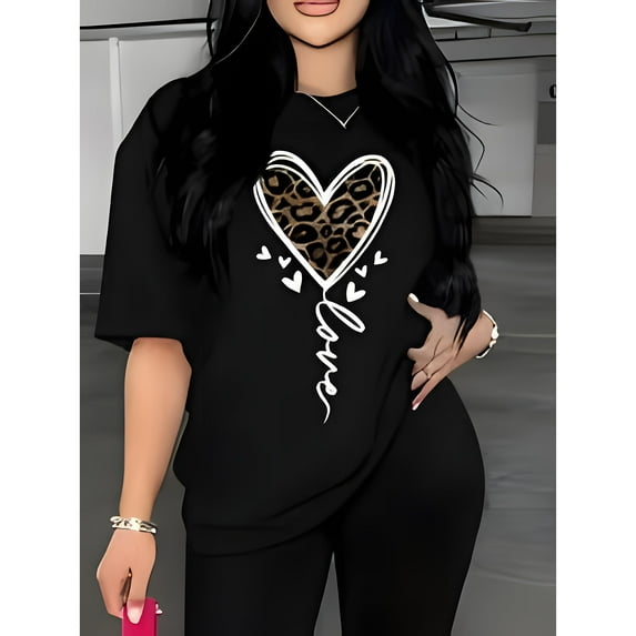 Women's Leopard Heart Graphic Tee Top Fashion Round Neck Short Sleeve Mama Design Black S-5XL